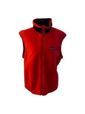 Patagonia Women’s Bright Red Fleece Vest with Navy Logo and Wind-Resistant Liner